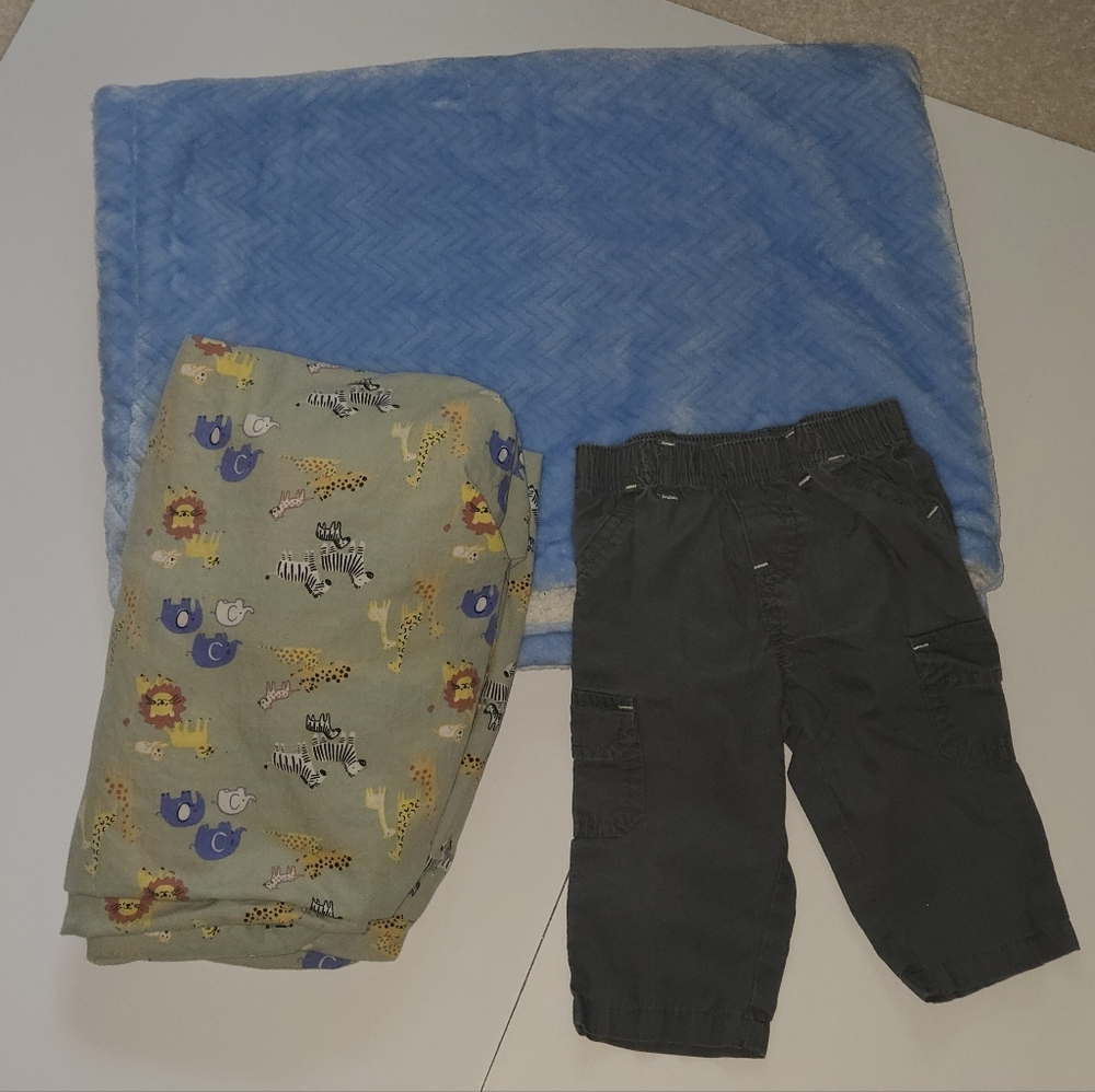 Baby Boy's 3pc Bundle Blanket Crib Sheet & Gray  Pants